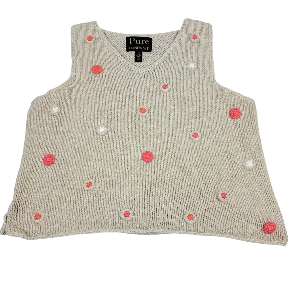Pure Handknit Sweater Vest Vintage Knit‎ Womens Size M/L Beige Geometric Granny